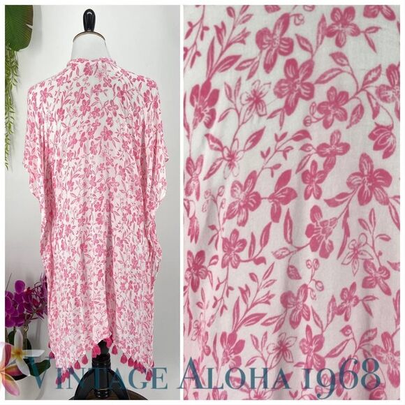 Nordstroms Swim Cover-up Summer Open Front Poncho Pink White Floral - Picture 5 of 6